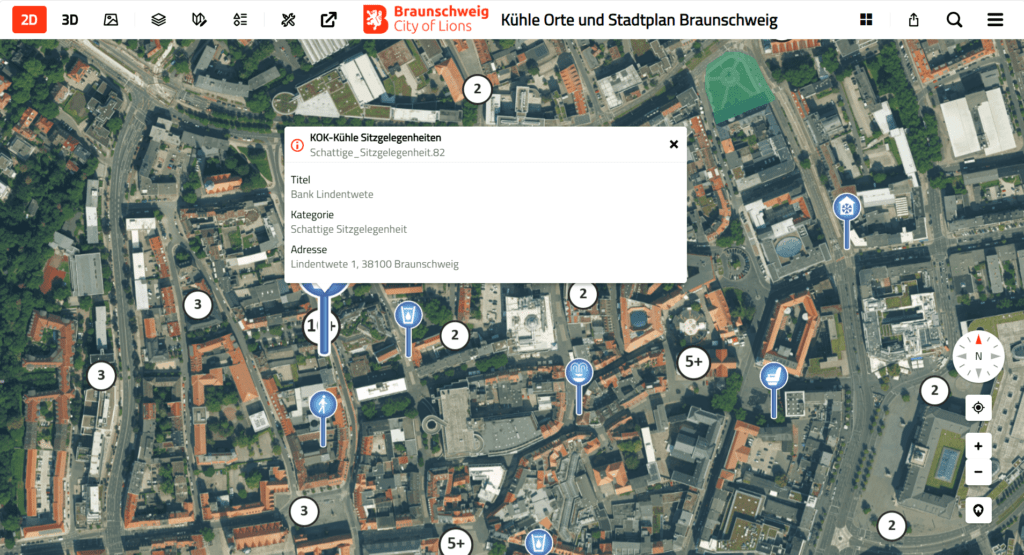 Detailansicht einer schattigen Sitzgelegenheit in der Themenkarte „Kühle Orte“ des Urbanen Digitalen Zwillings Braunschweig.