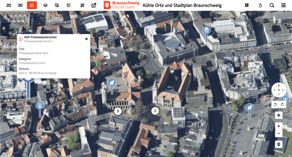 Trinkwasserbrunnen in der Themenkarte „Kühle Orte“ des Urbanen Digitalen Zwillings Braunschweig mit Detailinformationen zum Standort.