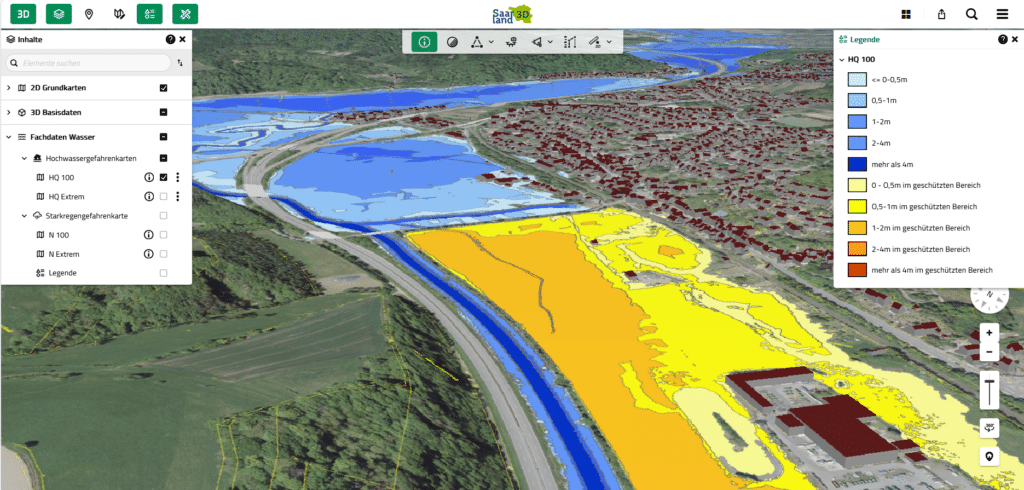 3D flood hazard map in the Saarland Digital Twin, with flood areas shown in Color