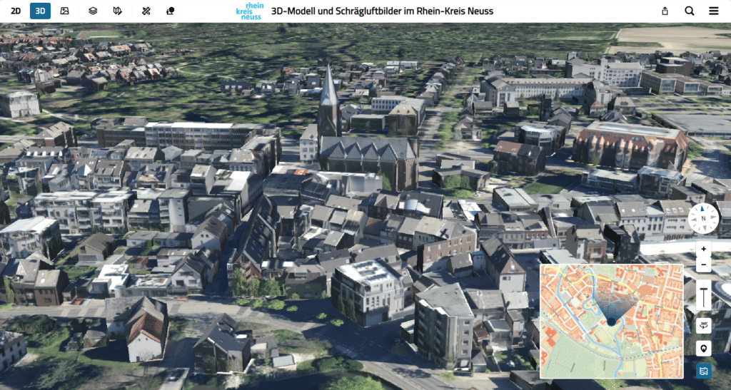 3D-Stadtmodell des Rhein-Kreises Neuss als Digitaler Zwilling zur Visualisierung von Gebäuden, Infrastruktur und Geodaten.