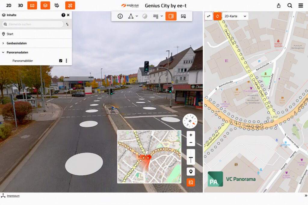 VC Panorama mit georeferenziertem Panoramabild und synchronisierter 2D-Karte