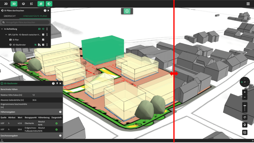 VC XPlan visualisiert XPlanGML-Daten als 3D-Baufenster im räumlichen Kontext eines 3D-Stadtmodells.